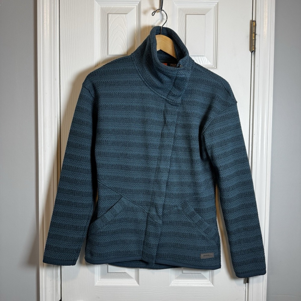 Merrell Knit Jacket Full Zip High Neck Womens Sz S Blue Poly Blend Pockets WARM